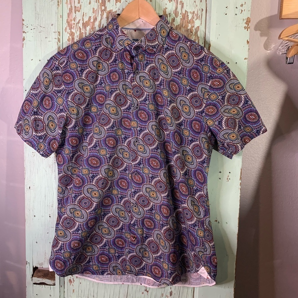 Men’s Visconti multi color abstract circle pattern button up shirt